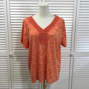 Rebecca Malone Boho Cottage Y2K  Coral Floral Braid Trim Blouse XL